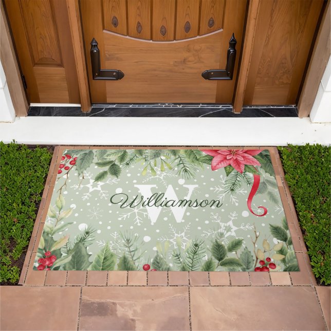 Christmas Garland on Snow Monogram  Doormat (Outdoor)
