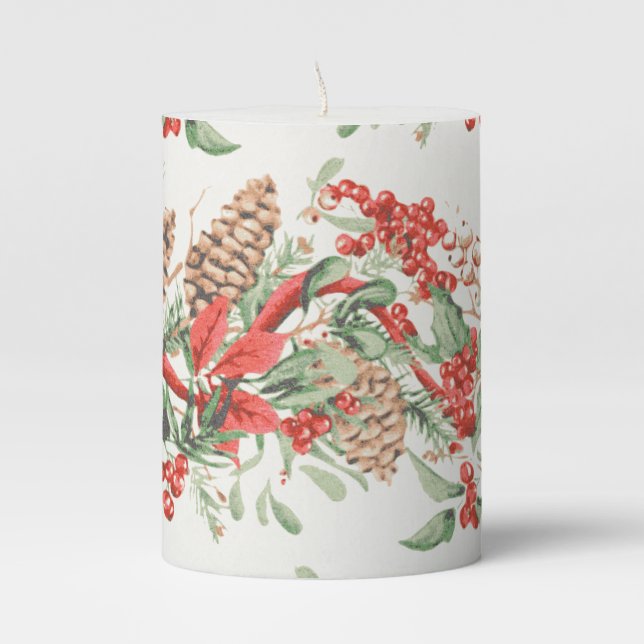 Christmas Garland Pinecone Evergreen Bow Holiday Pillar Candle (Front)
