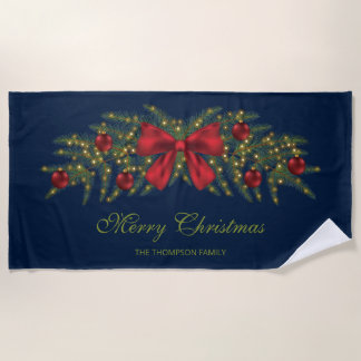 Christmas Garland With A Red Bow And Baubles Beach Towel