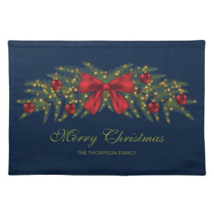 Christmas Garland With A Red Bow And Baubles Cloth Placemat