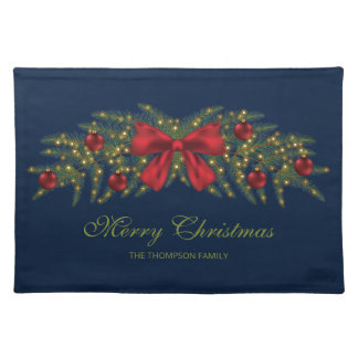 Christmas Garland With A Red Bow And Baubles Cloth Placemat