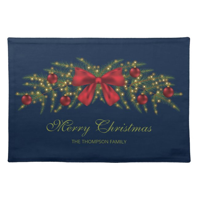 Christmas Garland With A Red Bow And Baubles Cloth Placemat (Front)