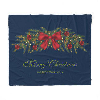 Christmas Garland With A Red Bow And Baubles Fleece Blanket
