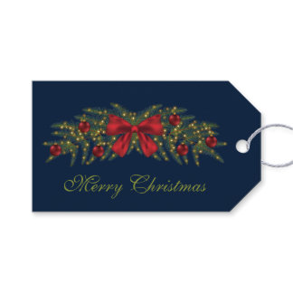 Christmas Garland With A Red Bow And Baubles Gift Tags