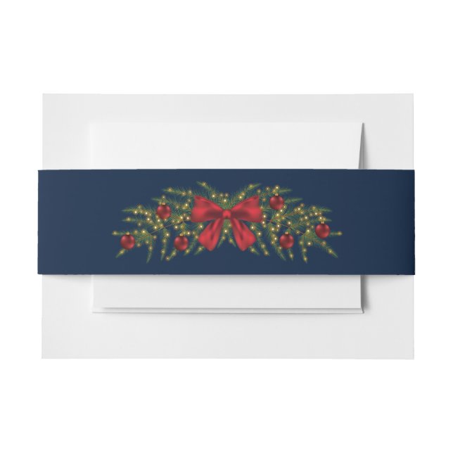 Christmas Garland With A Red Bow And Baubles Invitation Belly Band (Front Example)