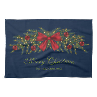 Christmas Garland With A Red Bow And Baubles Kitchen Towel