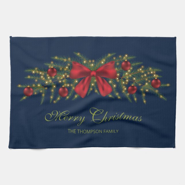 Christmas Garland With A Red Bow And Baubles Kitchen Towel (Horizontal)