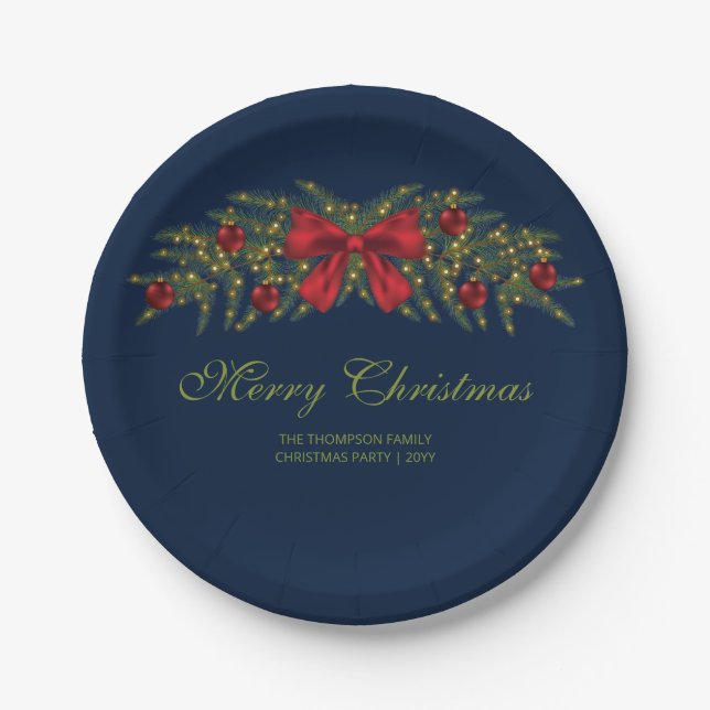 Christmas Garland With A Red Bow And Baubles Paper Plates (Front)