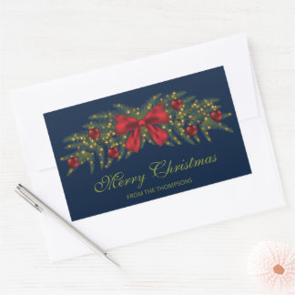 Christmas Garland With A Red Bow And Baubles Rectangular Sticker