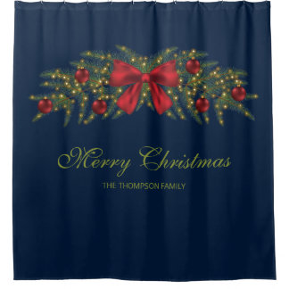 Christmas Garland With A Red Bow And Baubles Shower Curtain