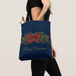 Christmas Garland With A Red Bow And Baubles Tote Bag