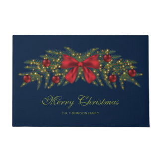 Christmas Garland With A Red Bow And Ornaments Doormat