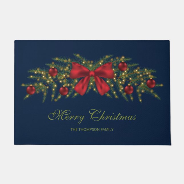 Christmas Garland With A Red Bow And Ornaments Doormat (Front)