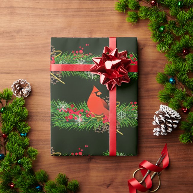 Christmas Garland with Cardinal Birds Glossy Wrapping Paper (Holiday Gift)