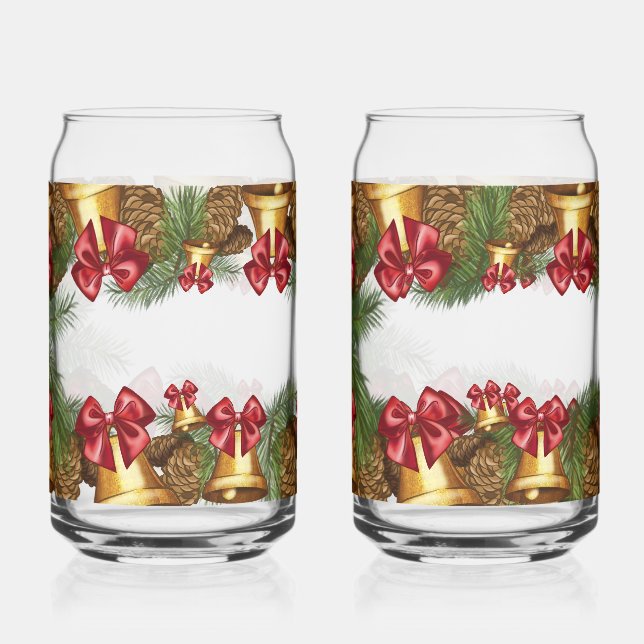 Christmas Garland with Gold Bells & Red Bows Can Glass (Front)