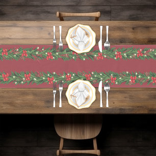 Christmas Garland With Red Bows Short Table Runner