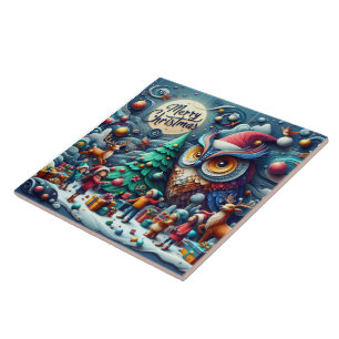 Christmas gathering under a whimsical owl ceramic tile