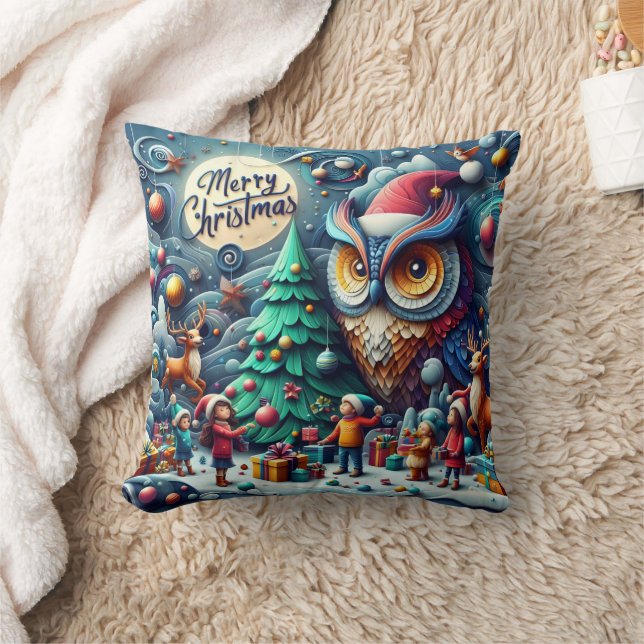 Christmas gathering under a whimsical owl throw pillow (Blanket)