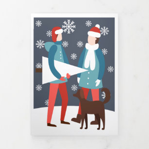 Christmas Gay Couple Dog And Tree Personalized Tri-Fold Holiday Card