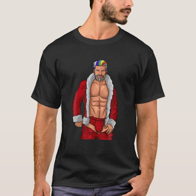 Christmas Gay Santa Claus LGBTQ Rainbow Funny Xmas T-Shirt (Front)
