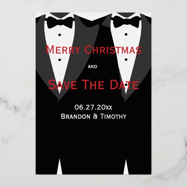 Christmas Gay Save The Date Red And Silver Foil Invitation (Front)
