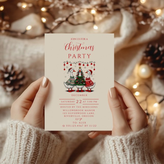 Christmas Geese in Cozy Sweaters Invitation (Creator Uploaded)