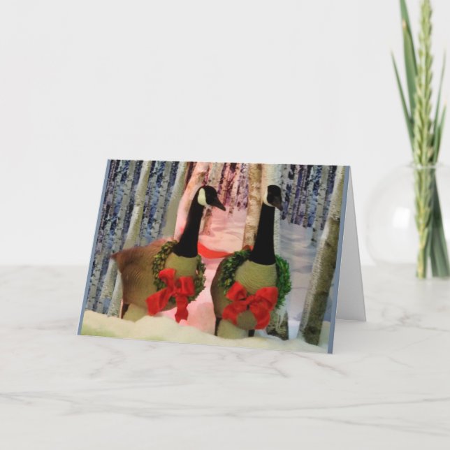 Christmas Geese Wreath Snow Red Bow Card (Front)