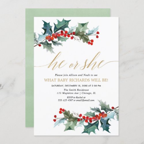 Christmas Gender reveal red greenery gold floral Invitation