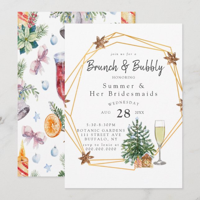 Christmas Geometric Gold Brunch and Bubbly Invitat Invitation (Front/Back)