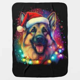 Christmas German Shepherd Dog with Santa Hat Baby Blanket