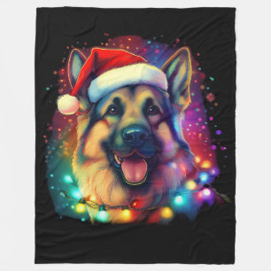 Christmas German Shepherd Dog with Santa Hat   Fleece Blanket