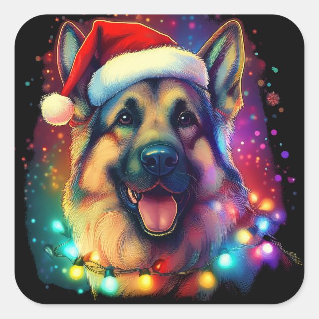Christmas German Shepherd Dog with Santa Hat   Square Sticker (Front)