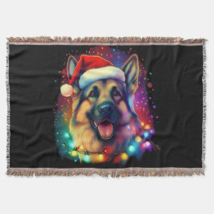Christmas German Shepherd Dog with Santa Hat Throw Blanket