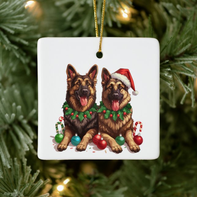 Christmas German Shepherd Dogs Ceramic Ornament (Tree)