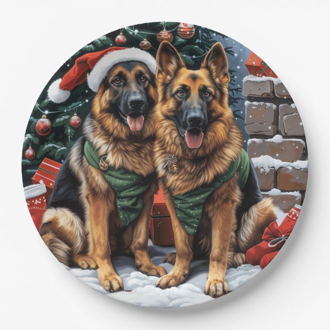 Christmas German Shepherd Dogs Paper Plates (Front)