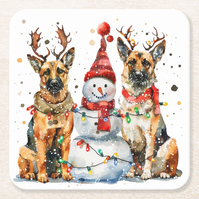 Christmas German Shepherd Dogs Square Paper Coaster (Front)