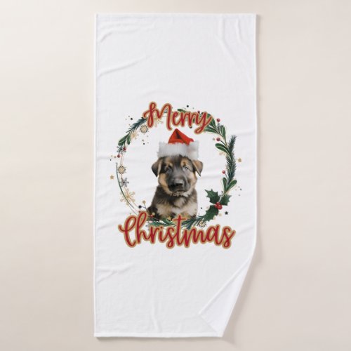 Christmas German Shepherd in Santa Hat   Bath Towel