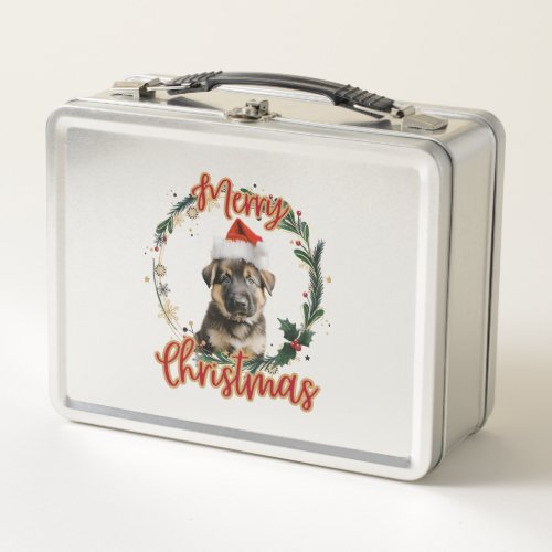 Christmas German Shepherd in Santa Hat   Metal Lunch Box