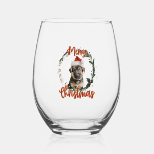 Christmas German Shepherd in Santa Hat   Stemless Wine Glass