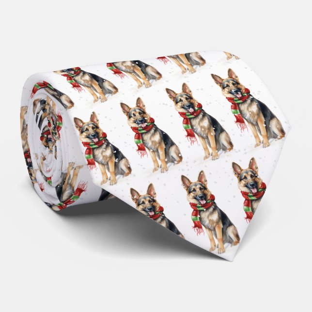 Christmas German Shepherd In Snowflakes Neck Tie (Rolled)