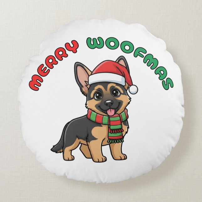 Christmas German Shepherd: Merry Woofmas Round Pillow (Front)