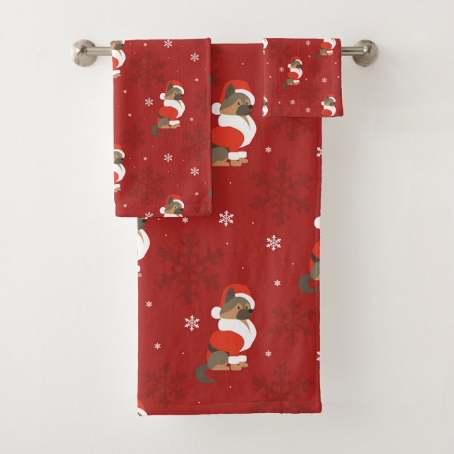 Christmas German Shepherd Pattern Bath Towel Set (Insitu)