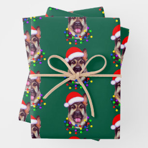 Christmas German Shepherd Pet Dog Santa Lights Hat Wrapping Paper Sheets