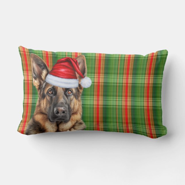 Christmas German Shepherd Red Green Plaid Holiday Lumbar Pillow (Back)