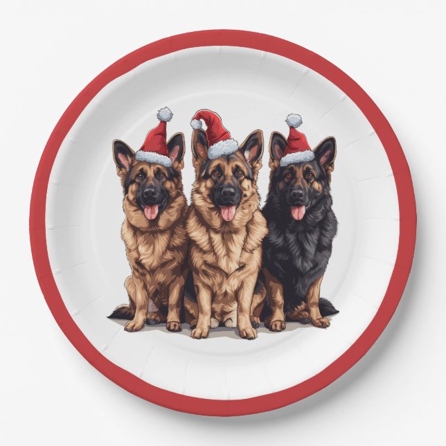 Christmas German Shepherd Santa Dogs Paper Plates (Front)