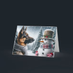 Christmas German Shepherd With Snowman Card<br><div class="desc">A German Shepherd wearing a scarf faces a cheerful snowman adorned with a hat and striped scarf in a snowy landscape background.
Text can be changed.</div>