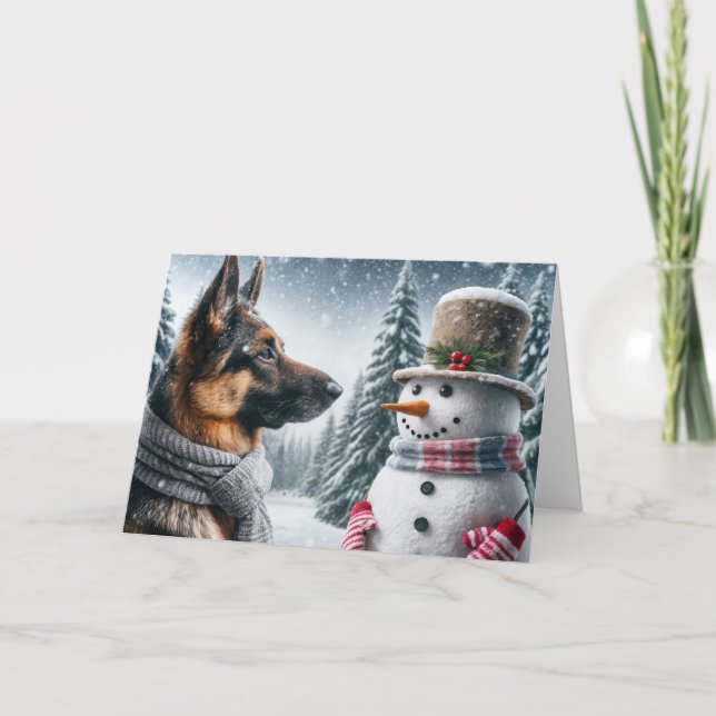 Christmas German Shepherd With Snowman Card (Front)