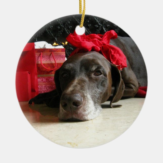 Christmas german shorthaired pointer ceramic ornament (Front)