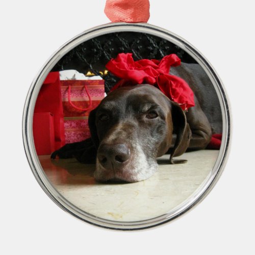 Christmas german shorthaired pointer metal ornament