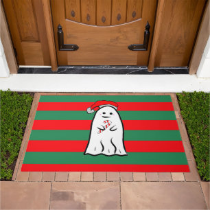 Christmas Ghost on Red and Green Stripes Doormat